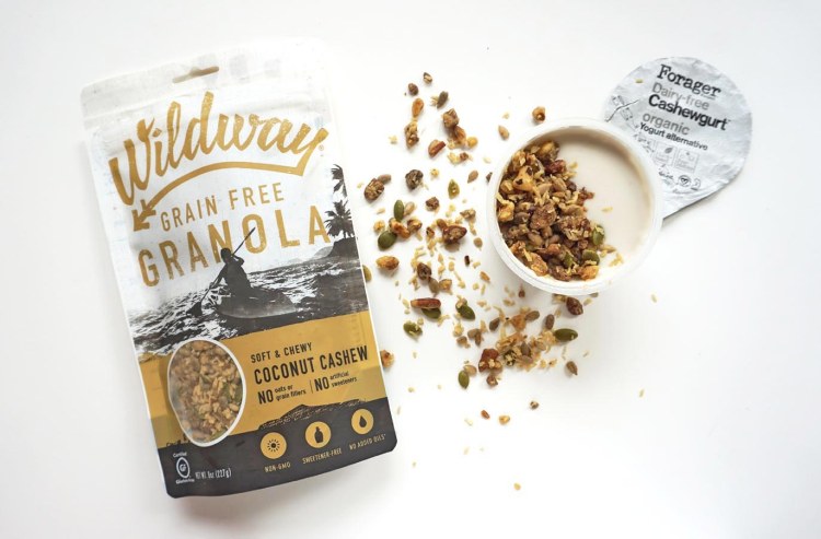 bag of wildway grain free granola next to a container of forager cashew yogurt
