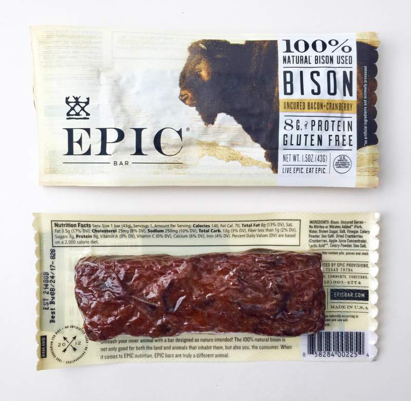 paleo snack epic bar on a white surface showing front and back of the bar